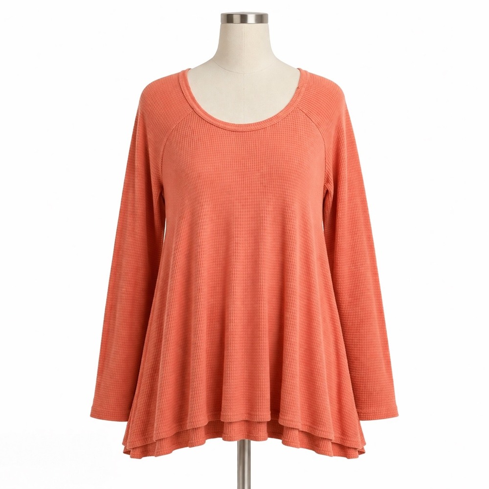 We The Free Free People Top Medium Orange Waffle Knit Thermal Babydoll Tunic